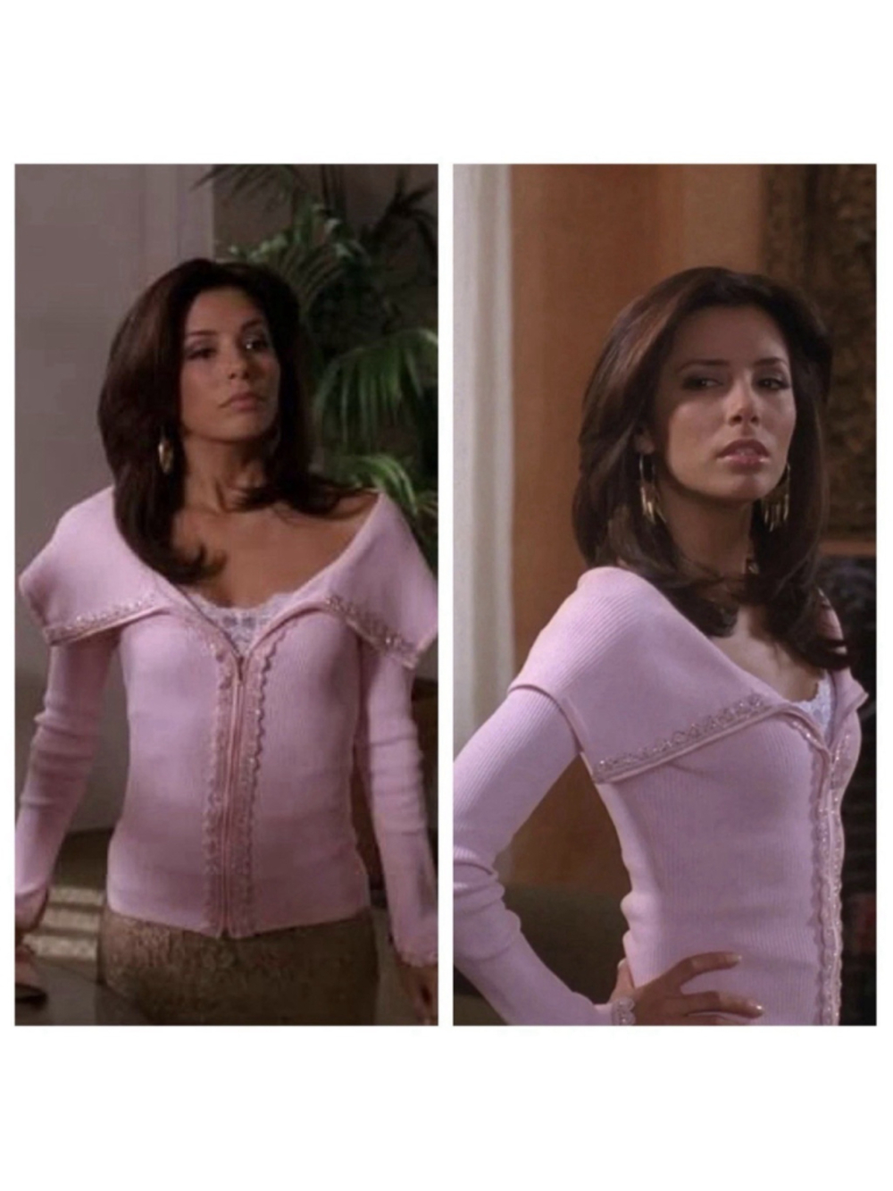 Cache Y2K 90s Purple M Gabrielle Solis Off Shoulder Beaded Zip Up Sweater Ribbed - Picture 2 of 16